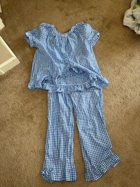 Girls Blue Gingham Ruffle Pajama Set